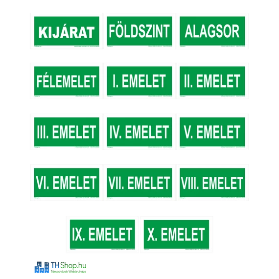 Biztonsági utánvilágító jelzések - Tábla csomag 10 emeletes épületbe - (14 db)